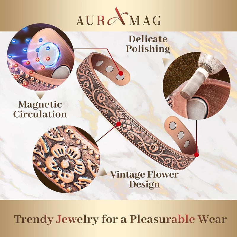 Auramag Copper Bracelets for Women, 99.99% Pure Copper Cuff Bangle with 3500 Gauss Magnets, Adjustable Jewelry with Gift Box(Set of 2) - Image 3
